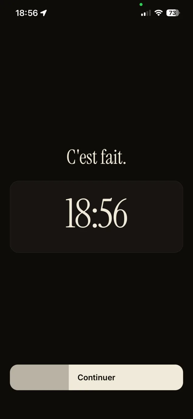Écran « C'est fait. » affiché une fois le défi accompli, avec le bouton Continuer.