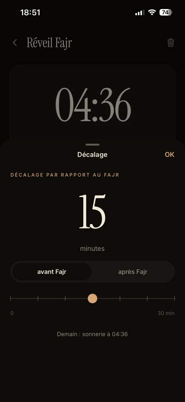 Écran de réglage du réveil Fajr : décalage de 15 minutes avant l'heure du Fajr, sonnerie à 04:36.